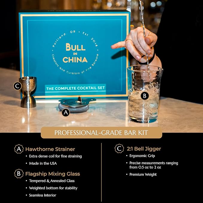 Shaken & Stirred Cocktail Set by Bull in China - Premium Bartender Gift Set w/ 2 Piece Weighted Shaker, Hammered Jigger, Hawthorne Strainer, Fine Mesh Strainer, Mixing Glass & Barspoon (Copper)
