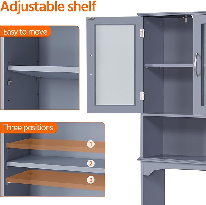 Yaheetech Over The Toilet Storage Cabinet, Free Standing Toilet Rack with Adjustable Shelves and Tempered Glass Doors for Bathroom Washroom, Grey