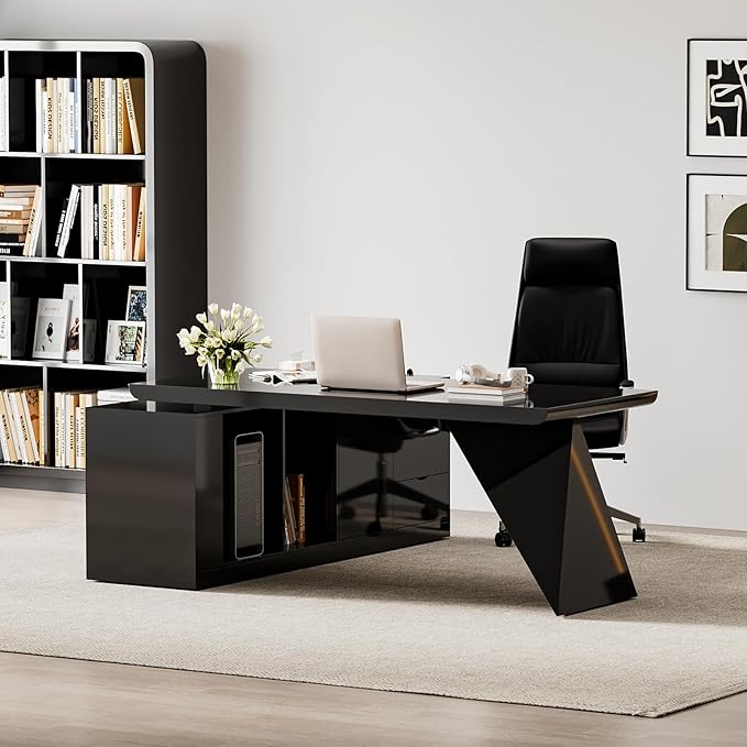 homary 70.9" Modern L-Shape Executive Desk Set, Home Office Desk with Home Office Executive Chair, Drawers & Cabinet Modern Computer Desk for Home Business Furniture, Black, Left Hand