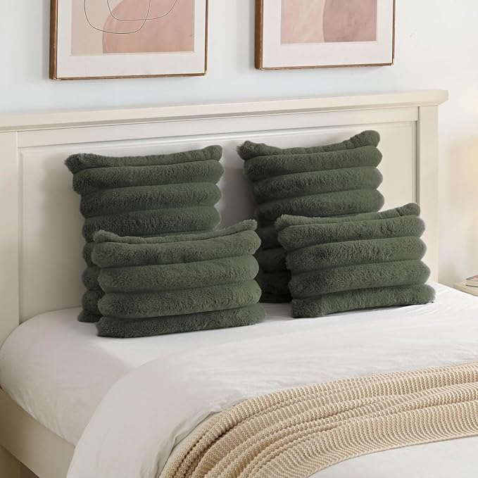 FUTEI Olive Green Decorative Throw Pillow Covers 22x22 Inch Set of 2, Square Soft Faux Rabbit Fur Big Striped Cushion Cover,Home Decor for Couch Sofa Bed Living Room