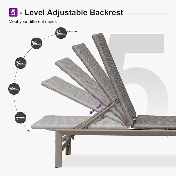 PURPLE LEAF Patio Oversized Chaise Lounge Rattan Chair Set of 2 Outdoor Pool Adjustable Recliner Wicker Chairs for Outside Woven Furniture Tanning Poolside Lounger Granite Gray