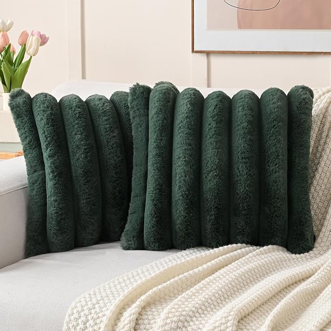 FUTEI Christmas Dark Green Decorative Throw Pillow Covers 20x20 Inch Set of 2, Square Soft Faux Rabbit Fur Thick Striped Cushion Cover,Winter Home Decor for Couch Bed Living Room