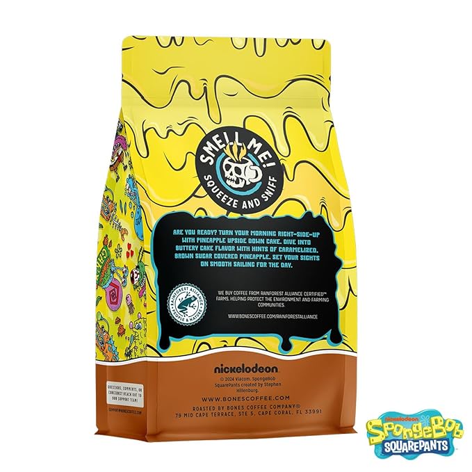 Bones Coffee Company Spongebob Bikini Bottom Brew, Pineapple Upside Down Cake Flavored Coffee, Medium Roast Low Acid Arabica Beans For Auto drip and French Press Coffee Maker, 12 Oz Ground