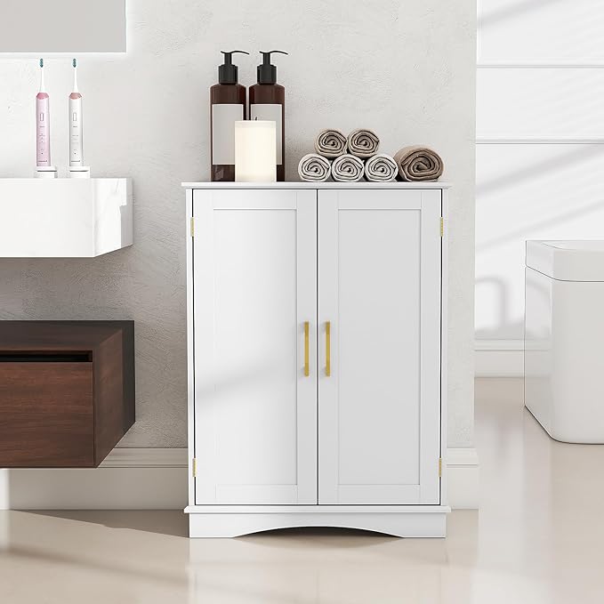 Tangkula Bathroom Floor Storage Cabinet, 31.5" H Freestanding Pantry Cabinet with 2 Doors and Adjustable Shelves, Kitchen Cupboard for Living Room, Dining Room, Bathroom (White, 31.5" H)