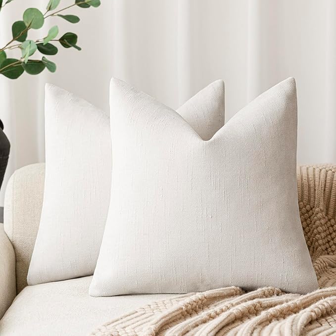 Foindtower Pack of 2 Soft Textured Throw Decorative Pillow Covers Square Accent Solid Cushion Cover Cozy Neutral Farmhouse Pillow Case for Couch Sofa Bedroom Living Room 20x20 Inch, Ivory White