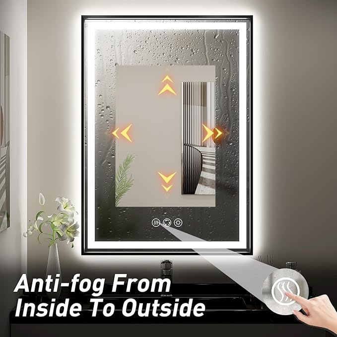 LED Bathroom Mirror, 20x28 Inch Frontlit & Backlit Black Framed Lighted Mirror,Wall Mouted Vanity with Lights,Double Lights Strips,Anti Fog Stepless 3 Colors Temperature & Dimmable