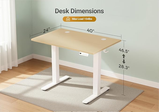 Seang Electric Height Adjustable Standing Desk, 40 x 24 Inch Sit-Stand Workstation with T-Style Frame, 3 Memory Height Options & Built-in Cable Management for Home Office, White Frame/Nature Top