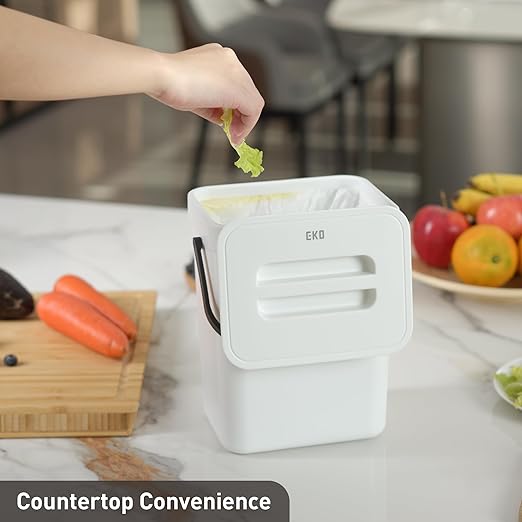 EKO Puro Mini Wall-Mounted Kitchen Trash Can with Lid, Food Waste Caddy, 1.32 Gall / 5L (White)
