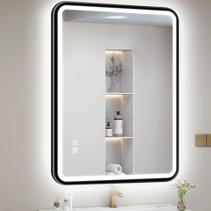 S'bagno 32X24 Black LED Mirror for Bathroom with Frontlit & Backlit, LED Bathroom Mirror with Metal Frame, Anti-Fog, Stepless Dimmable, 3 Colors Temperature LED Vanity Mirror(Horizontal/Vertical)