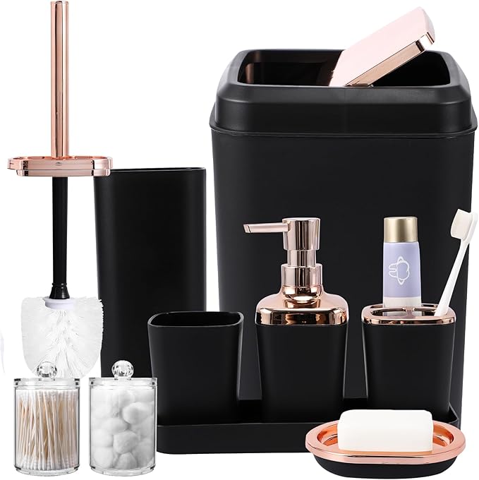 Black Bathroom Accessories, 9-Piece Black Bathroom Set with Trash Can, Vanity Tray, Soap Dispenser, Soap Dish, Toothbrush Holder, Toothbrush Cup, Toilet Brush and Qtip Holders