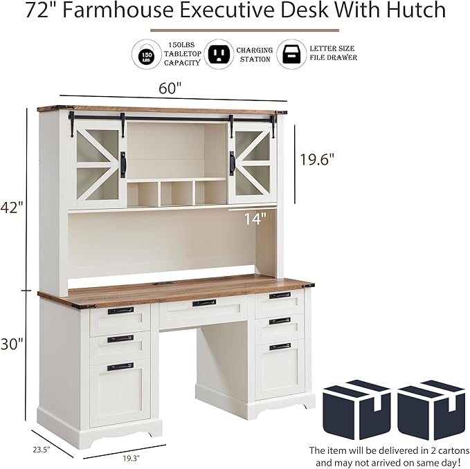 RedLemon 60" Farmhouse Desk with Hutch, Wood Home Office Executive Desk with Drawer, Charging Station, Keyboard Tray, File Drawer, Storage Cabinet, Rustic Writing Computer Desk (Antique White)