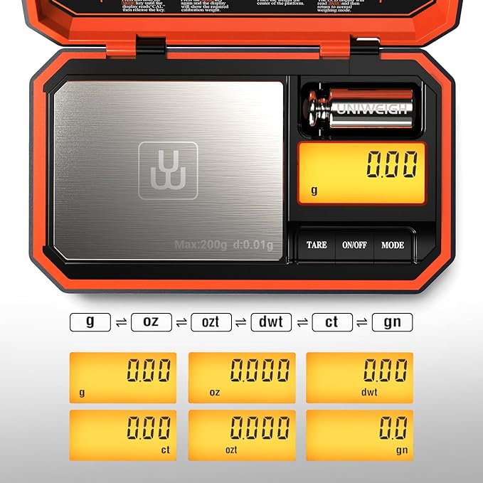 Digital Pocket Scale 200g/0.01g, Digital Scale Grams,6 Units Conversion Jewelry Scales,Coins Scale with LCD Display,Tare Function for Food,Powder,Small Items(Battery Included)-Orange