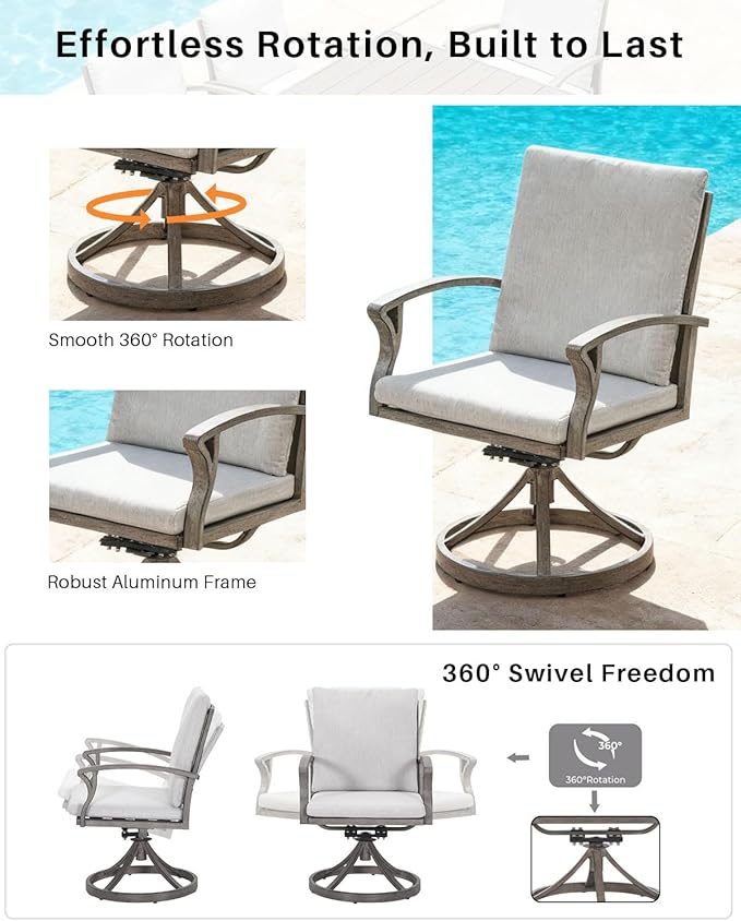 7-Piece Outdoor Dining Set, Aluminum Patio Dining Set with Umbrella Hole, Patio Table Furniture Sets with Cushions, 4 Dining Chairs, and 2 Swivel Chairs for Deck, Garden, Backyard, Limed Oak