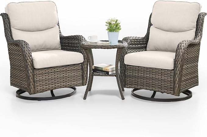 HUMMUH High Back Outdoor Swivel Rocker Patio Chairs Set of 2, with 5-Inch Thick Cushions and Side Table,All-Weather Patio Furniture for Porch,Poolside, Deck, and Yard