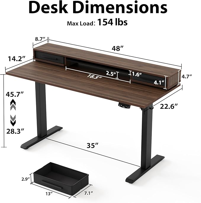 Agilestic 48 Inch Electric Standing Desk with Drawers, Adjustable Desk with Storage Shelf, Stand Up Home Office Computer Table, Splice Board, Dark Walnut