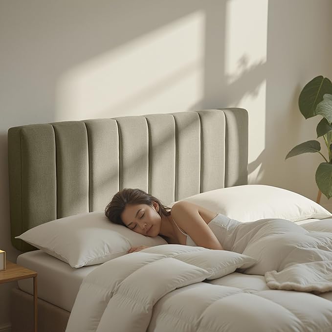 Upholstered Full Headboard - Easy Assemble Channel Stitched Headboard Full Size - Wall Mounted Headboard with 3D Soundproof Wall Panels Peel & Stick Floating Headboards for Full Size Bed - Olive Green