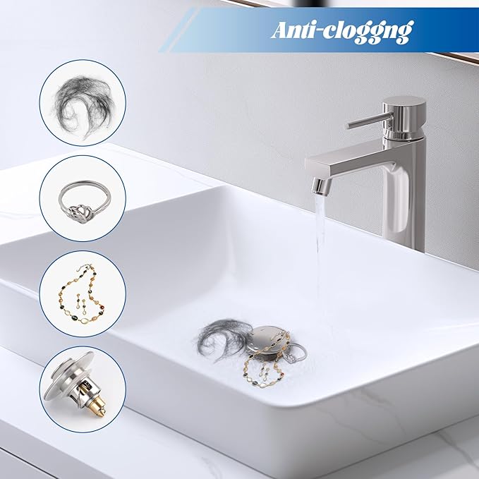 Hibbent All Metal 2 in 1 Bathroom Sink Stopper, Universal Pop Up Drain Strainer, Brass Bullet Core Push Type Sink Stopper for 1.1''~2.3'' Basin, Big Push Button, Anti Clogging Filter, Brushed Nickel