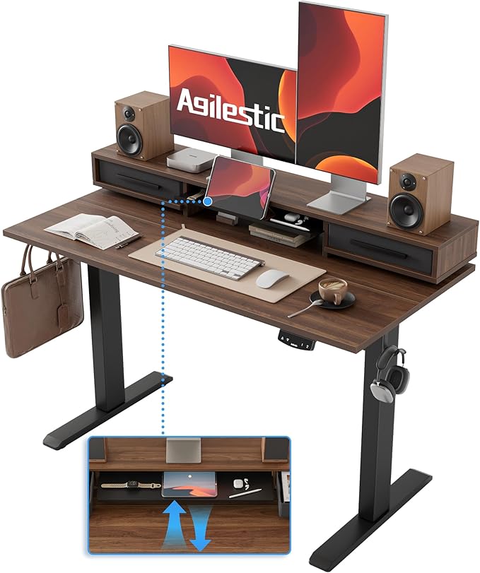Agilestic 48 Inch Electric Standing Desk with Drawers, Adjustable Desk with Storage Shelf, Stand Up Home Office Computer Table, Splice Board, Dark Walnut