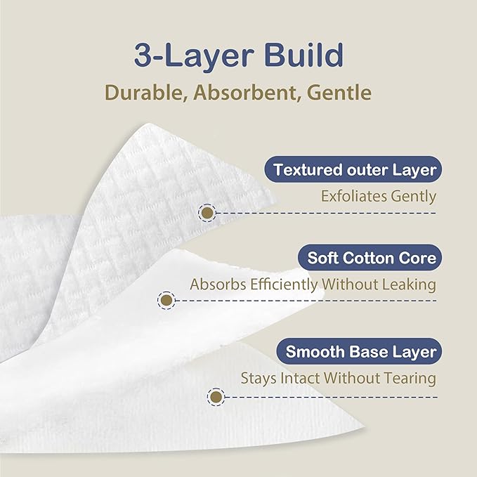 Ourmed Life Large Cotton Pads for Makeup Removal, Soft & Lint-Free Face Pads with Pressed Seam Design, Durable Makeup Remover Pads for Facial Cleansing on All Skin Types, 3x3 Inch, 120 Count