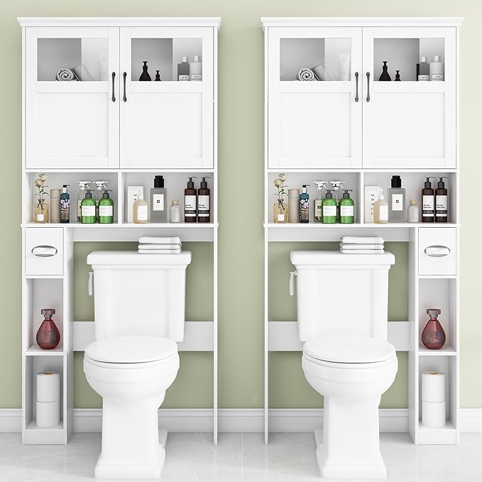 Vabches Freestanding Toilet Storage Cabinet with Double Doors, Shelf Space Saver, Anti-Tip Design & Adjustable Shelf, White