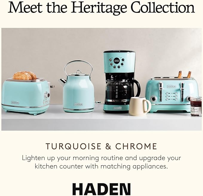 Haden Heritage 1.7 Liter Stainless Steel Electric Kettle, Hot Water Kettle with 360-Degree Base and Auto Shutoff, Turquoise & Chrome