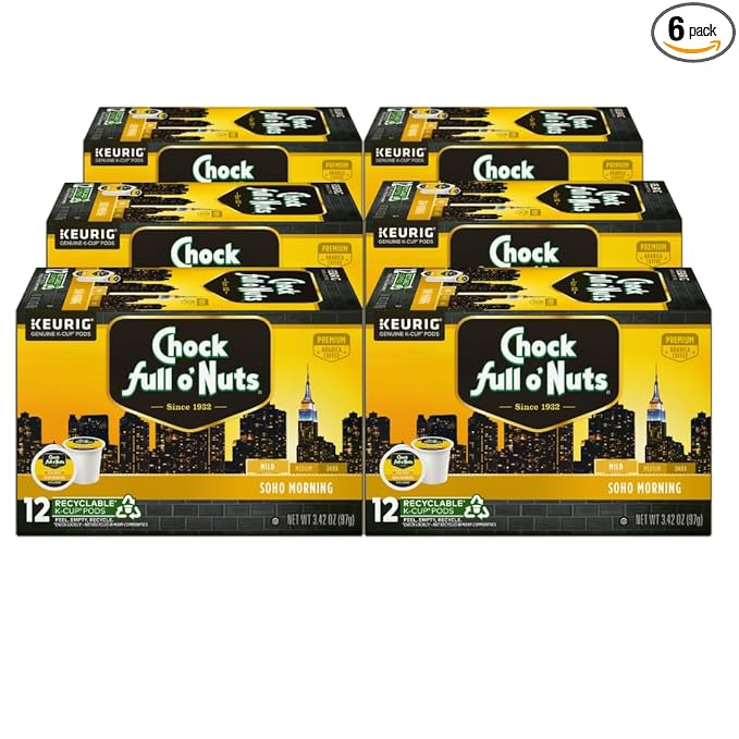 Chock Full o'Nuts Soho Morning Coffee, Mild Roast, Compatible with K-Cup Pods, 12 CT (Pack of 6)