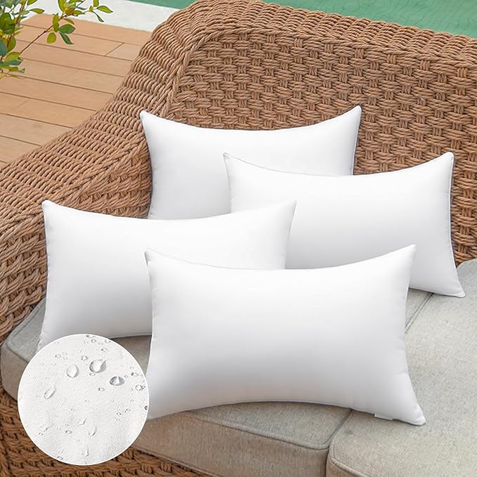 12 x 20 Outdoor Pillow Insert Pack of 4 Patio Furniture Pillows Cushion Waterproof Rectangle Lumbar Throw Pillow Inserts Decorative Couch Pillow Inserts White Sofa Sham Cushion Stuffer