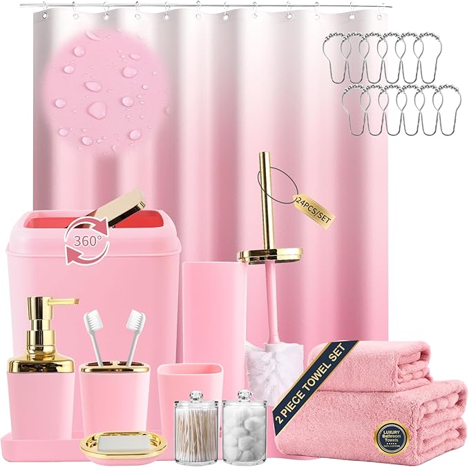 Pink Bathroom Accessories, 24 Pieces Pink and Gold Bathroom Accessories Set with Shower Curtain, Bath Towels, Trash Can, Soap Dispenser and Soap Dish for Bathroom/Housewarming