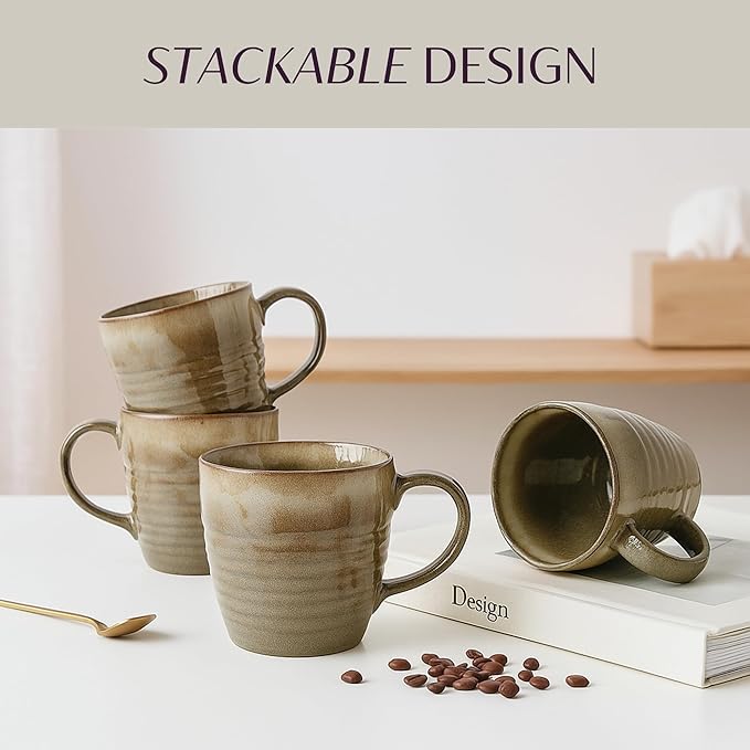 14 oz Coffee Mugs Set of 4, Ceramic Coffee Mugs with Handle – Reactive Glaze Stoneware Coffee Mug Set for Tea, Latte, Cappuccino, Cocoa, Hot Chocolate – Microwave & Dishwasher Safe - Green