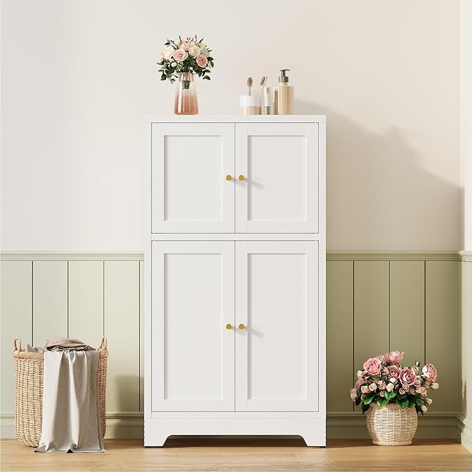 Metal Bathroom Storage Cabinet, Freestanding Storage Cabinets with 4 Doors and 2 Adjustable Shelves,White Metal Floor Cabinet for Restroom, Kitchen,Living Room,Hallway
