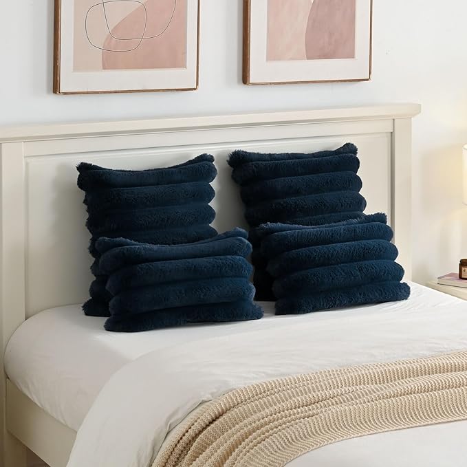 FUTEI Navy Blue Decorative Throw Pillow Covers 16x16 Inch Set of 2, Square Soft Faux Rabbit Fur Thick Striped Cushion Cover,Winter Home Decor for Couch Bed Living Room