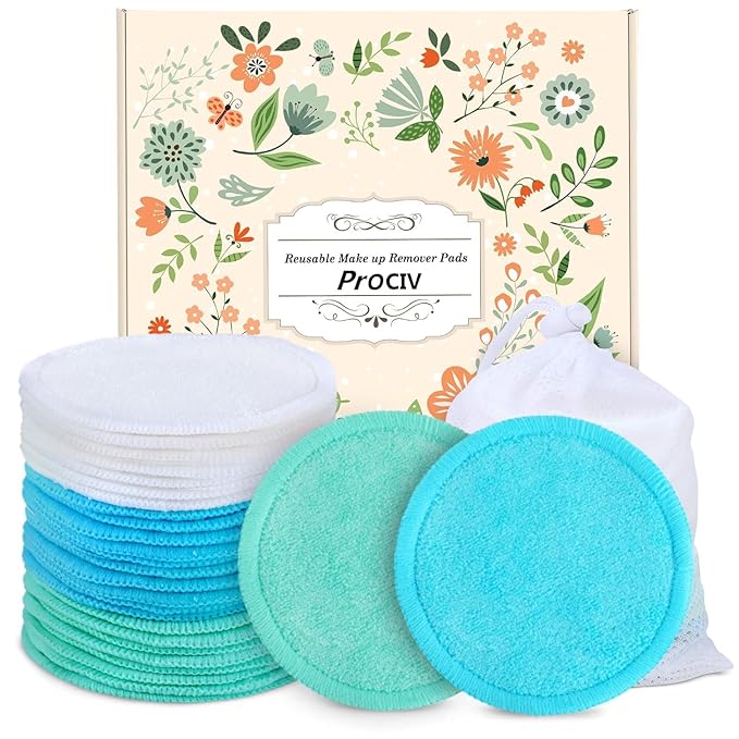 Reusable Makeup Remover Pads - 18 Packs Organic Reusable Cotton Rounds with Washable Laundry Bag for Toner Eco-Friendly Bamboo & Cotton Reusable Cotton Pads for Face All Skin Types (Blue-White-Green)