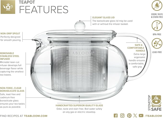 Teabloom Kyoto 2-in-1 Tea Kettle/Tea Maker – Heatproof Glass Teapot with Removable Loose Tea Filter – Tea Connoisseur's Choice