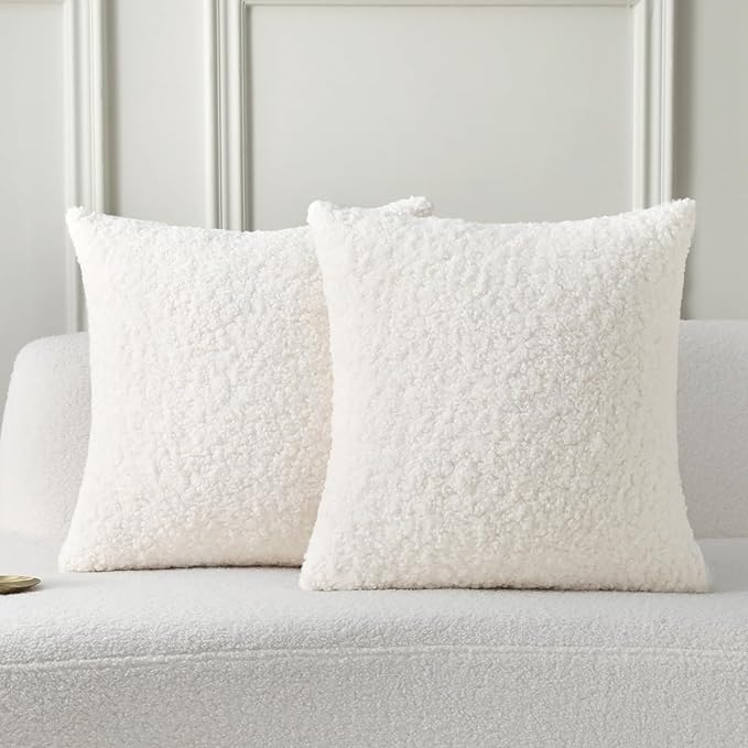FUTEI Cream White Throw Pillow Covers 18x18 Inch Set of 2,Furry Faux Fur Teddy Boucle Textured Cushion Covers,Soft Fluffy Decorative Pillow Case,Home Decor for Couch Bed Living Room Office Car