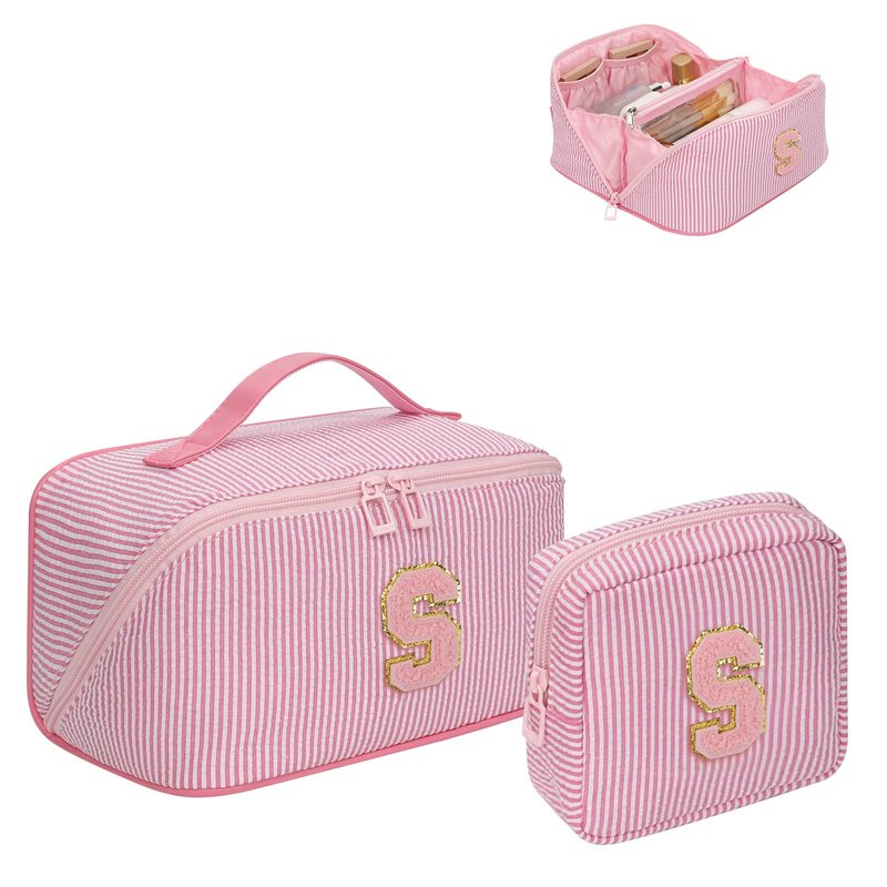 2026 Graduation Gifts - Travel Makeup Bag for Women, 2Pcs Portable Personalized Initial Makeup Organizer Bag, Open Flat Large Cosmetic Bag With Travel Essential Pouch (Pink Letter S)