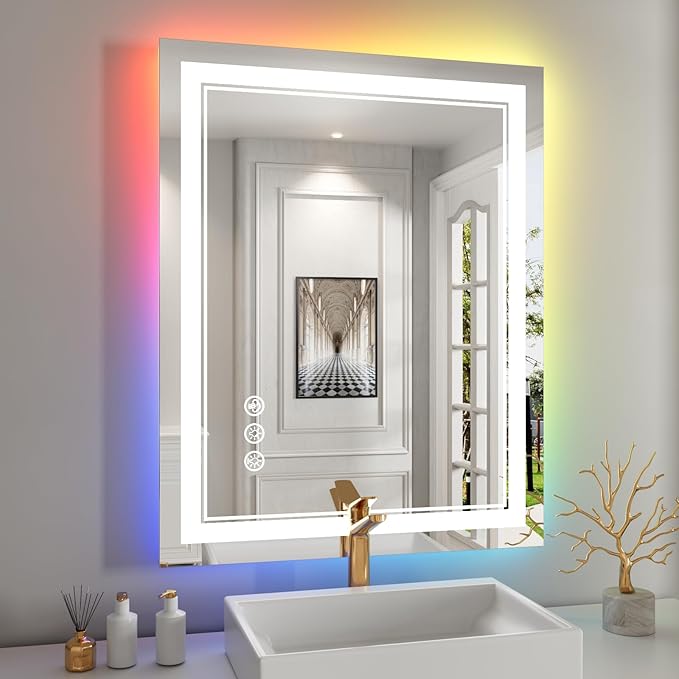 24x28 inch LED Bathroom Mirror with RGB Lights Color Changing Backlit Mirror Shatterproof Dimmable Anti-Fog Lighted Vanity Mirror (RGB Multicolor Backlit + Adjustable Front-Lighted)