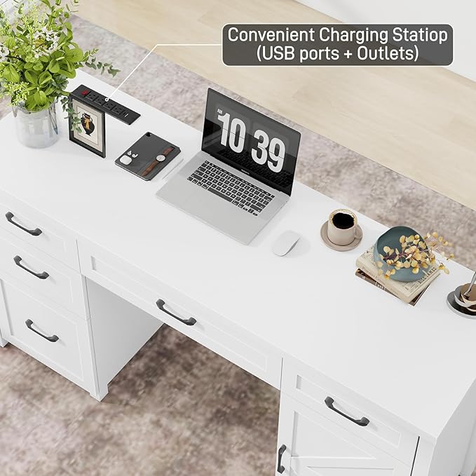 Farmhouse 61'' Executive Desk with 5 Drawers, Rustic Office Desk Computer Desk with Charging Station, File Drawers and Storage Cabinet, Wood Workstation for Study and Home Office,(Cream White.)