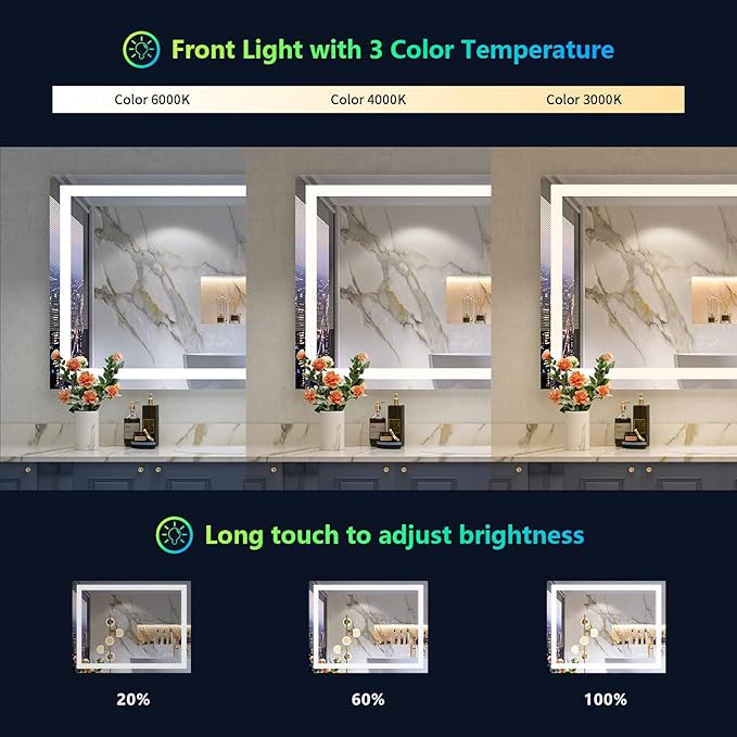 48x36 Inch RGB LED Bathroom Mirror Front Light and RGB Backlit Lighted Vanity Mirror for Bathroom Wall Mounted Dimmable Anti Fog Memory Shatter-Proof IP54 Waterproof Horizontal/Vertical
