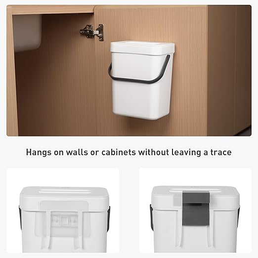 EKO Puro Mini Wall-Mounted Kitchen Trash Can with Lid, Food Waste Caddy, 1.32 Gall / 5L (White)