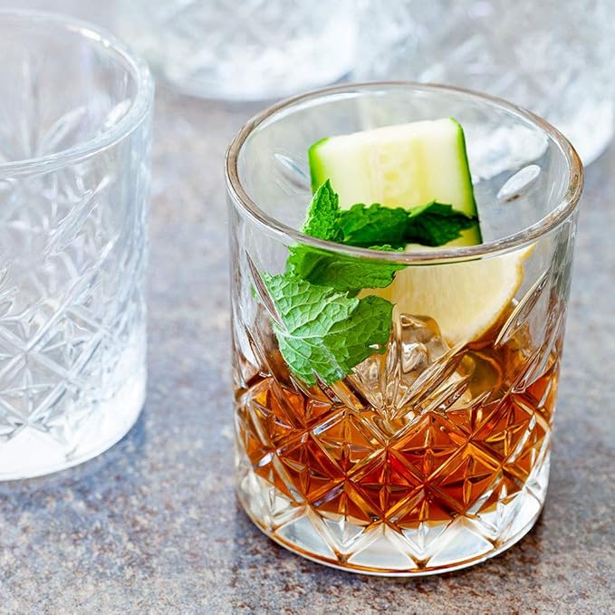 Restaurantware Timeless 12 Ounce Old Fashioned Glasses Set of 12 Etched Whiskey Glasses - Dishwasher-Safe Chip-Resistant Clear Glass Old Fashioned Glassware Lead-Free For Cocktails Or Beverages