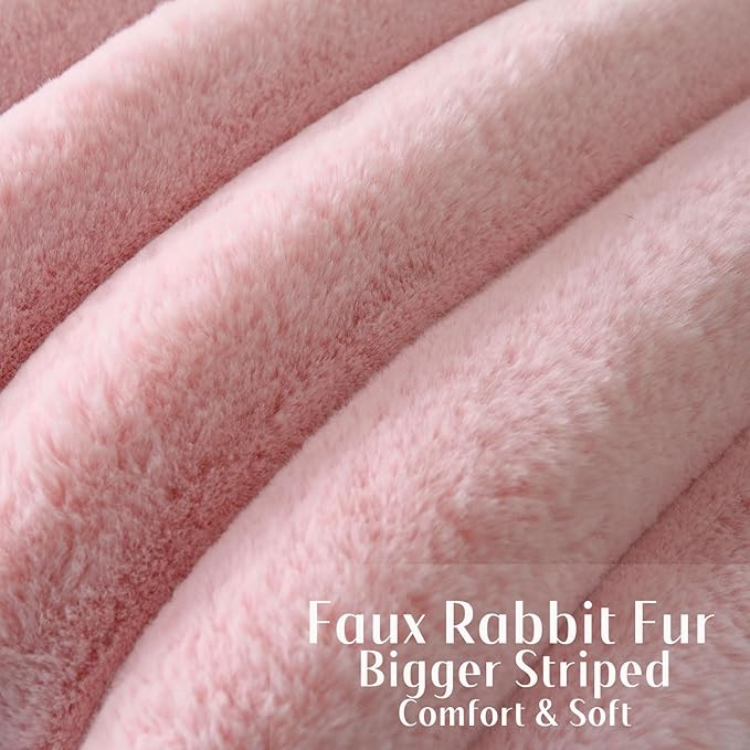 FUTEI Pink Decorative Throw Pillow Covers 24x24 Inch Set of 2, Square Soft Faux Rabbit Fur Thick Striped European Cushion Covers,Winter Home Decor for Couch Bed Living Room