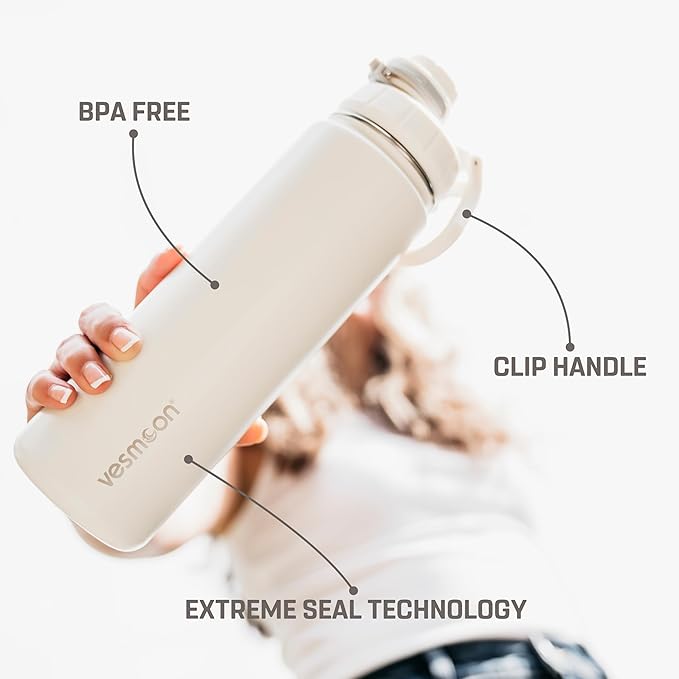 Vesmoon Vessence 24 Oz Stainless Steel Tea Infuser Bottle for Loose Leaf Tea, Water, Herbs, Fruits - Triple Layered Insulated, Leak Proof Bottle with Lid and Clip Handle - 24 Hours Hot/Cold