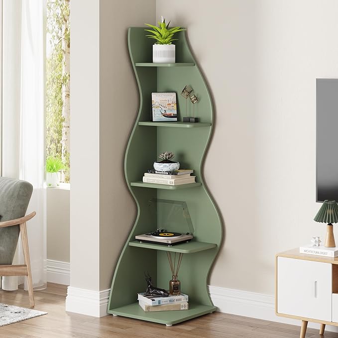 Tribesigns Corner Shelf, Modern 5-Tier Wall Corner Bookshelf, Stylish Corner Small Bookcase Storage Rack Plant Stand with Unique Shape for Living Room, Home Office (Sage Green, 1PC)