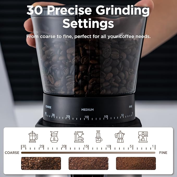Burr Coffee Grinder, Electric Conical Coffee Bean Grinder With 30 Adjustable Grind Settings For 2-12 Cups, Sliver & Black