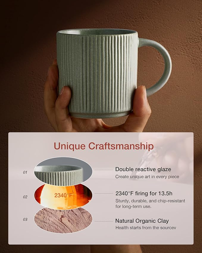 famiware Coffee Mug Set for 4, Star 12 oz Catering Mugs Cup Set with Handle for Coffee, Tea, Cocoa, Milk - Ceramic Stoneware Drinkware Set, Matte Green