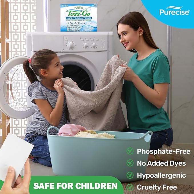 Purecise - Toss & Go - Unscented Laundry Detergent Sheets - No Mess, Skin-Friendly, Fast-Dissolving, Scent Free - 60 Loads - 30ct Pack of 1