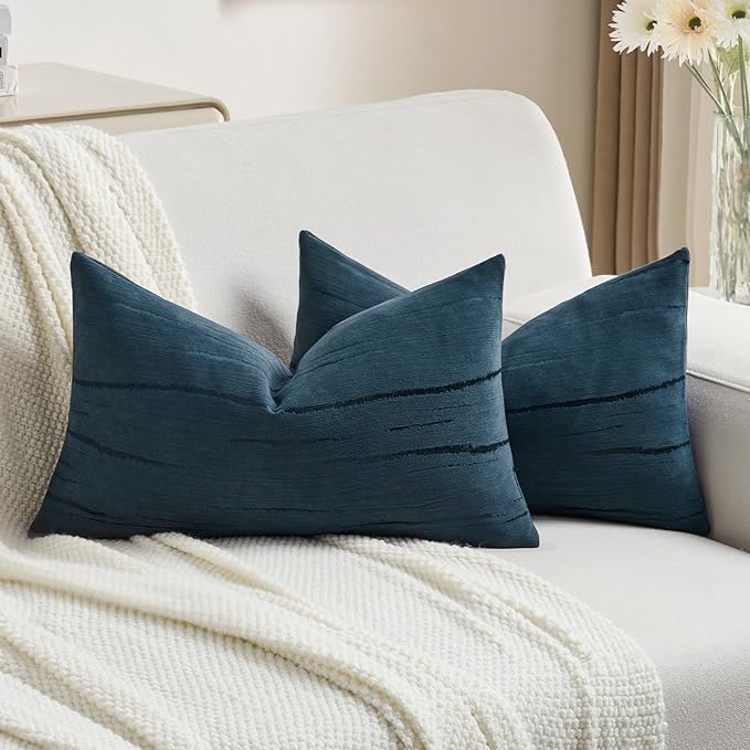 FUTEI Navy Blue Chenille Decorative Throw Pillow Covers 12x20 Inch Set of 2,Soft Embossed Striped Textured Lumbar Pillow Cases,Modern Home Decor for Couch Bed Living Room