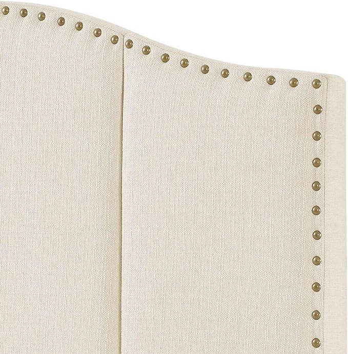 24KF Middle Century Linen Upholstered Tufted Queen Size Headboard with Antique Brass Nails Queen/Full headboard -Ivory