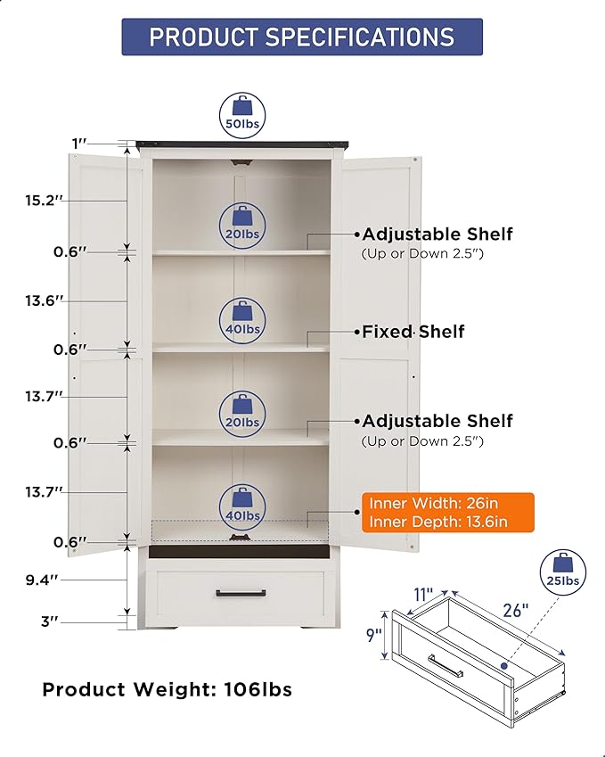 72" Tall Wood Storage Cabinet, Farmhouse Kitchen Pantry Cabinet with Adjustable Shelves & Drawer & Barn Doors, Versatile Storage for Kitchen, Dining Room, Bathroom, Antique White