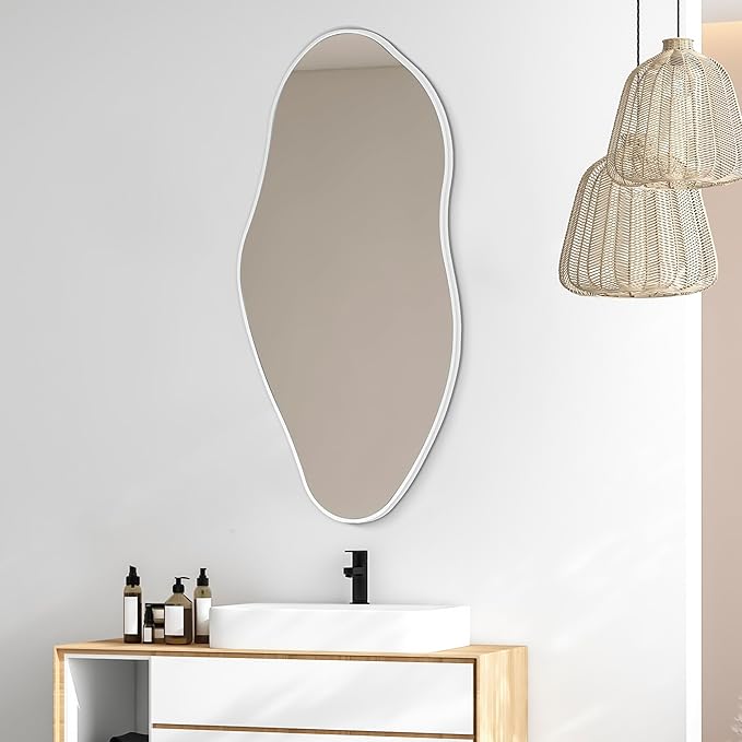 JONATHAN Y MIR200A Everly 20 in. W x 42 in. H Large Irregular Framed Decorative Wall Mirror, for Bathroom, Living Room, Bedroom, White